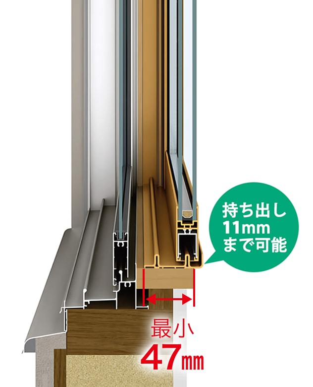 枠持ち出し納まり 最小47mm 持ち出し11mmまで可能